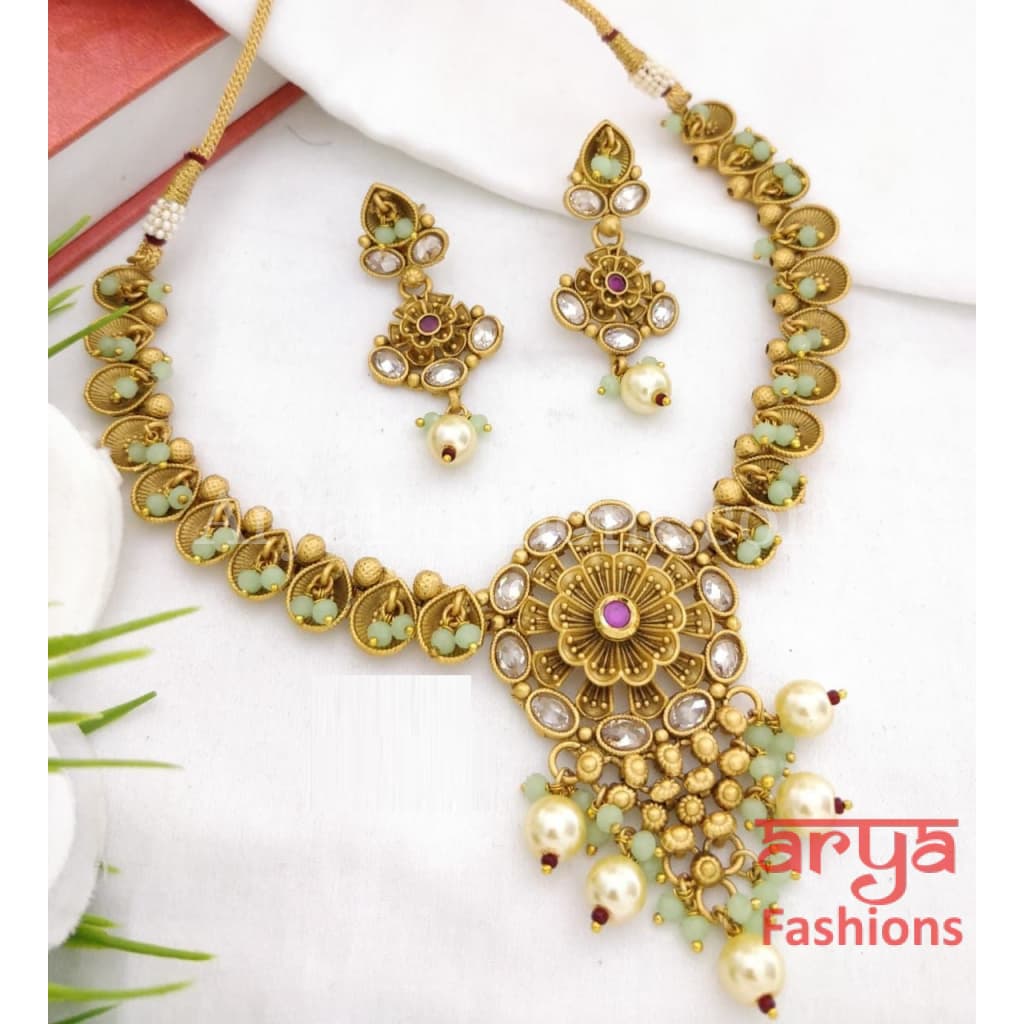 Emerald Polki Kundan Necklace / Ruby Green Temple Jewelry