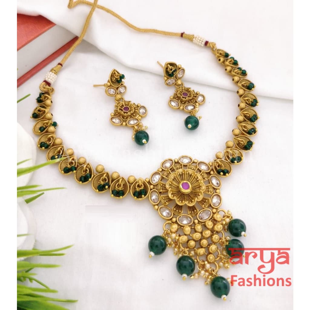 Emerald Polki Kundan Necklace / Ruby Green Temple Jewelry