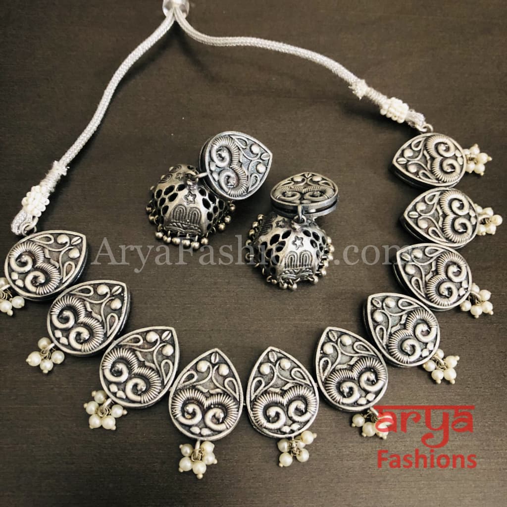 Emory Silver Oxidized Tribal Choker Necklace with Jhumka earrings