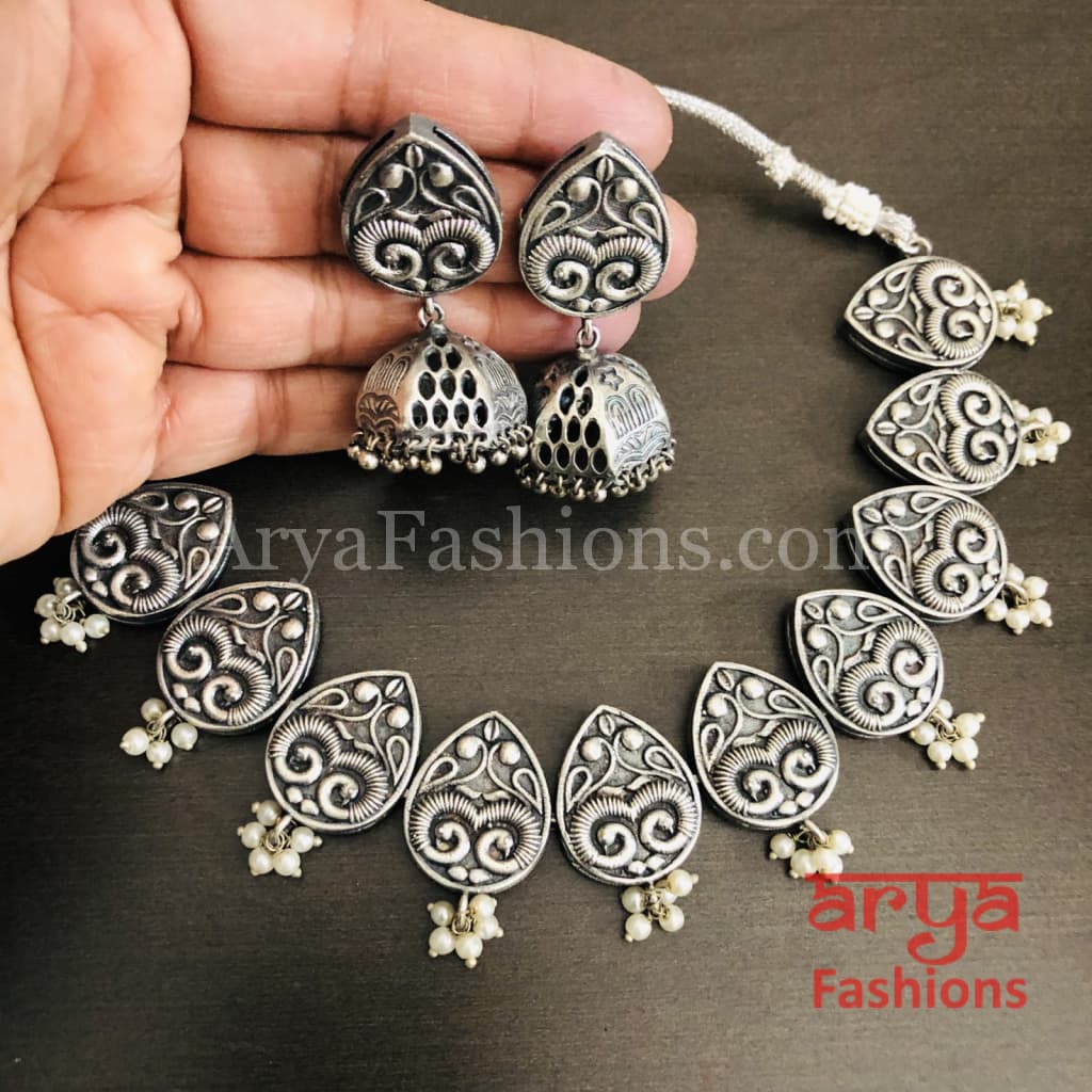 Emory Silver Oxidized Tribal Choker Necklace with Jhumka earrings