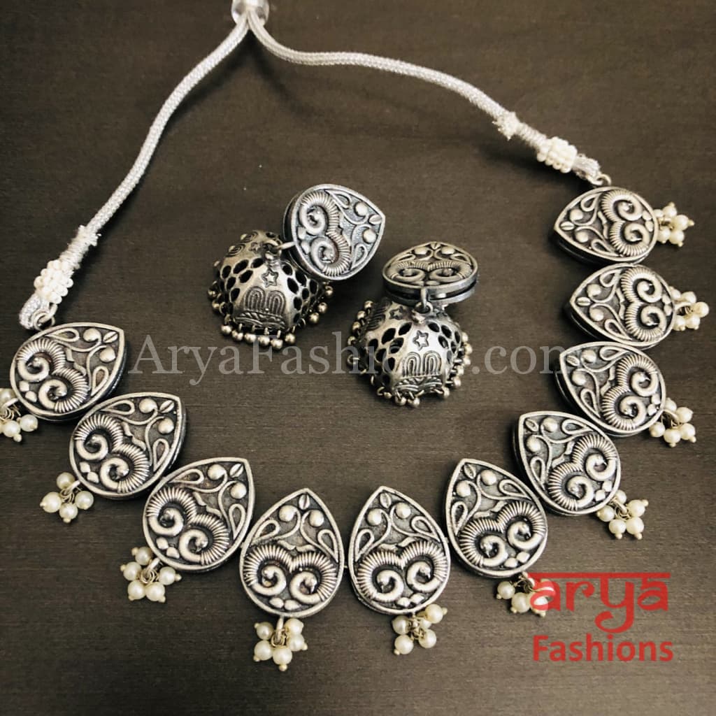 Emory Silver Oxidized Tribal Choker Necklace with Jhumka earrings