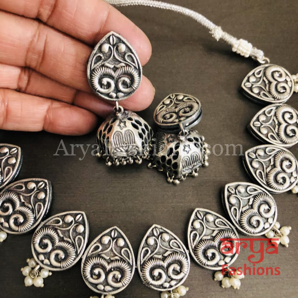 Emory Silver Oxidized Tribal Choker Necklace with Jhumka earrings