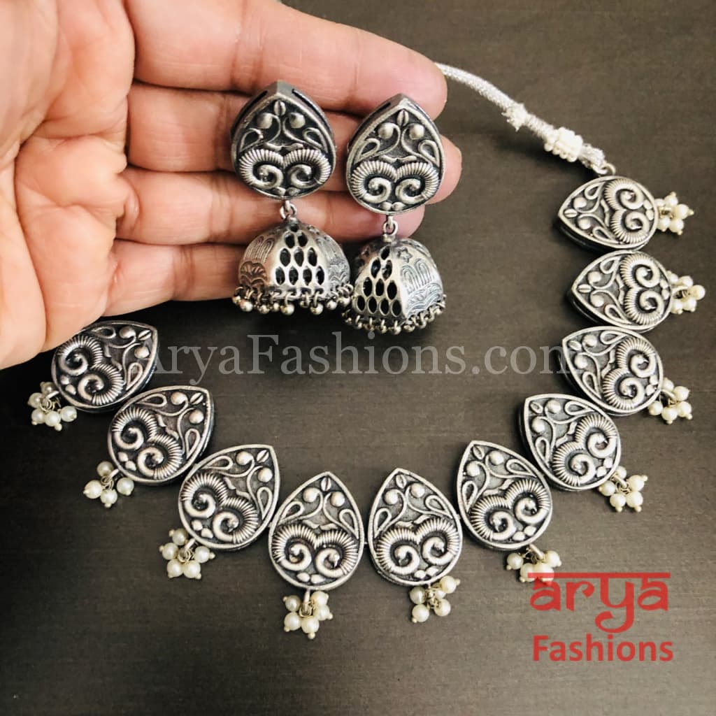 Emory Silver Oxidized Tribal Choker Necklace with Jhumka earrings