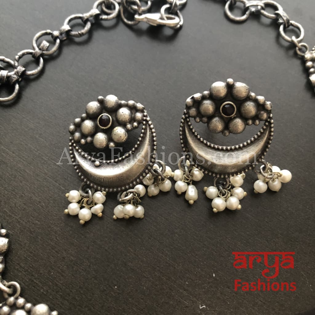 Enamel Oxidized Silver Necklace with Pearl Beads/Kolhapuri