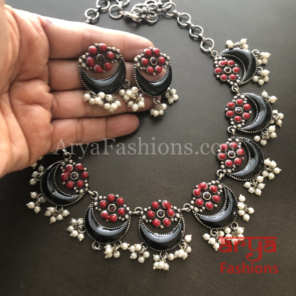 Enamel Oxidized Silver Necklace with Pearl Beads/Kolhapuri