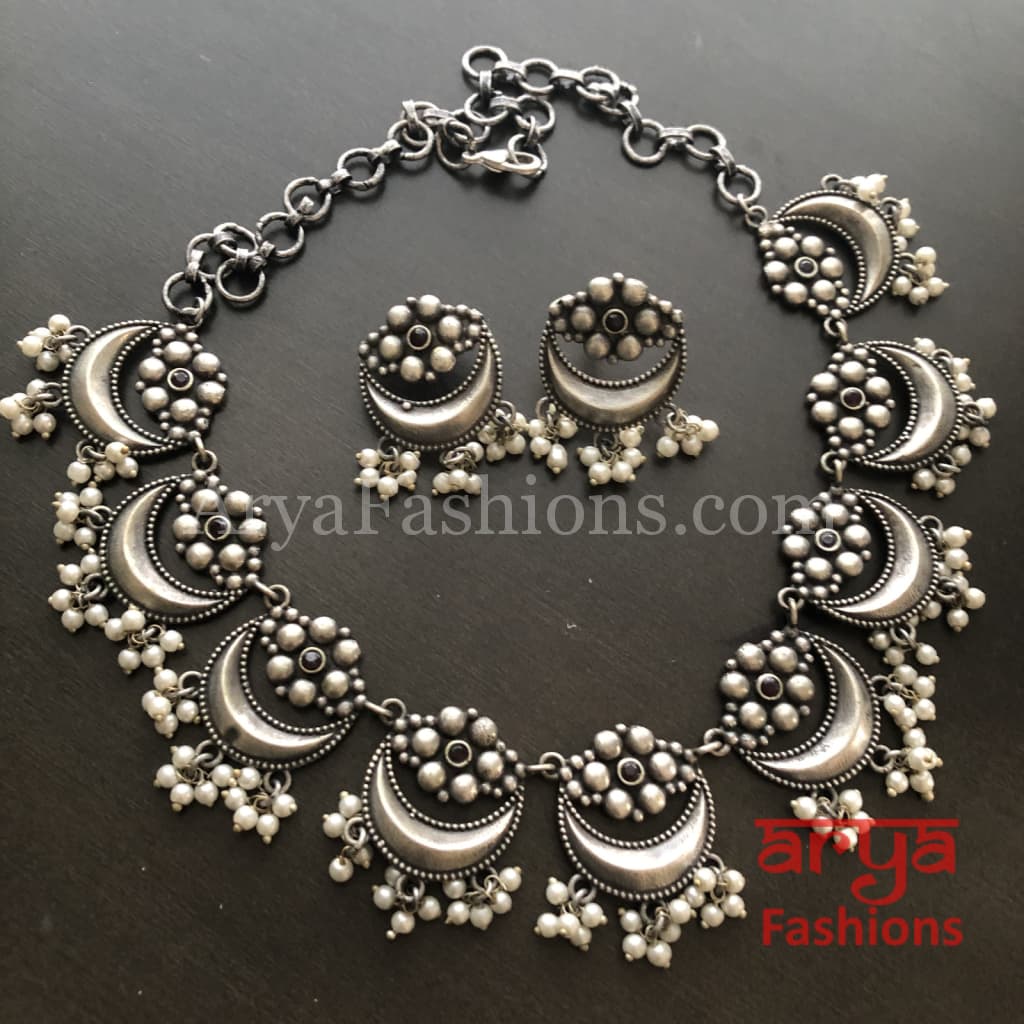 Enamel Oxidized Silver Necklace with Pearl Beads/Kolhapuri