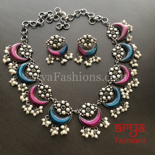 Enamel Oxidized Silver Necklace with Pearl Beads/Kolhapuri