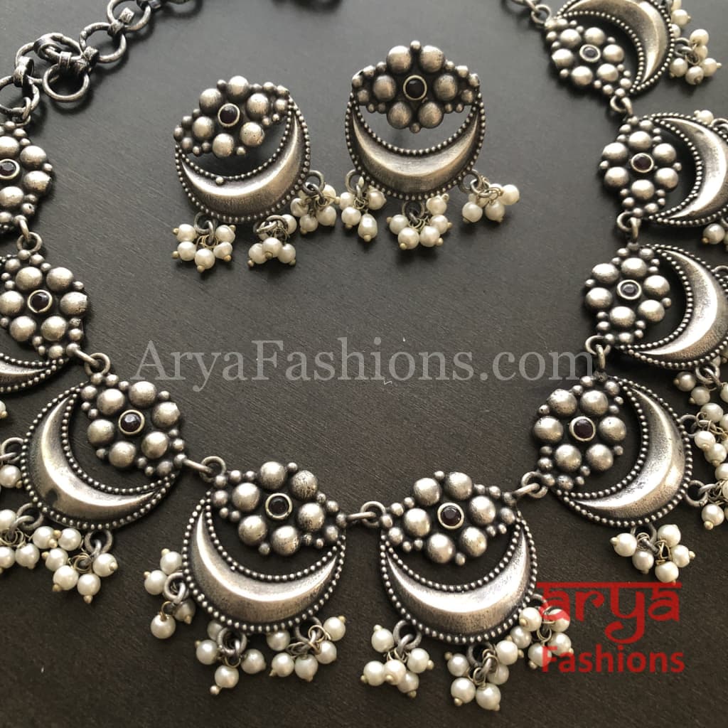 Enamel Oxidized Silver Necklace with Pearl Beads/Kolhapuri