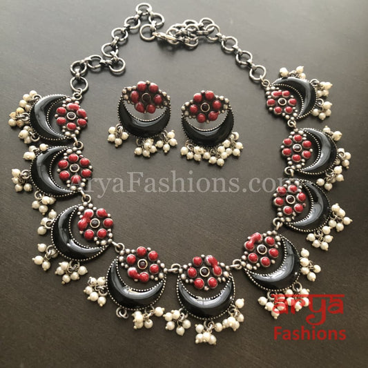 Enamel Oxidized Silver Necklace with Pearl Beads/Kolhapuri