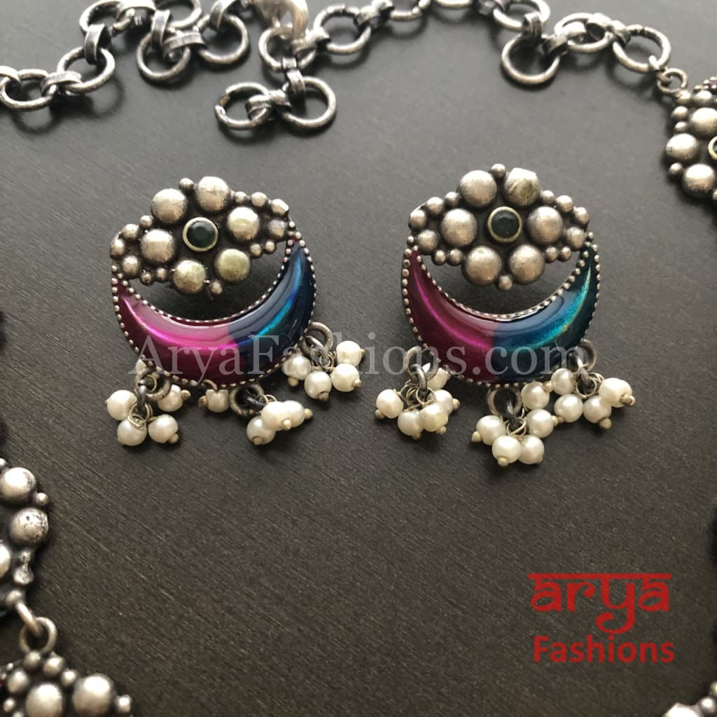 Enamel Oxidized Silver Necklace with Pearl Beads/Kolhapuri