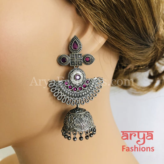 Ethnic Leaf theme Silver Oxidized Indian Trendy Jhumka Earrings