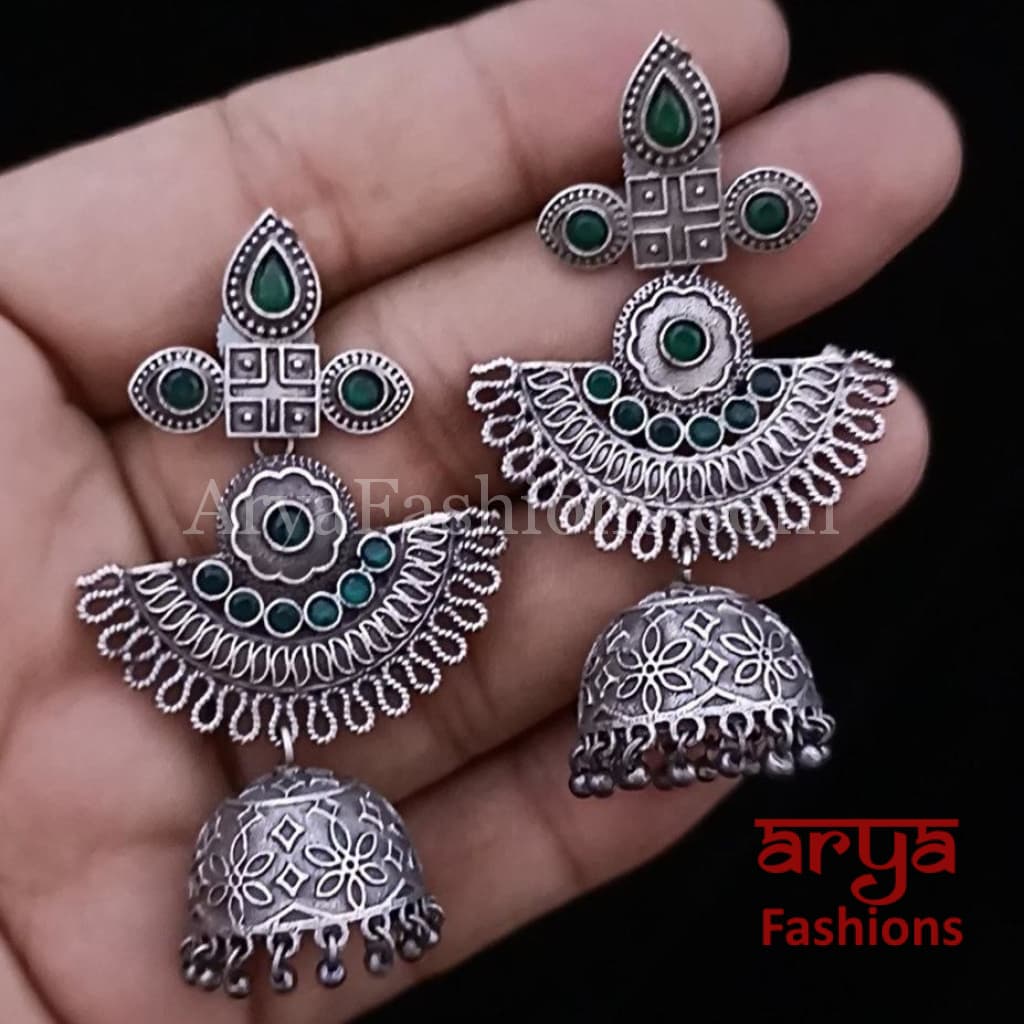 Ethnic Leaf theme Silver Oxidized Indian Trendy Jhumka Earrings