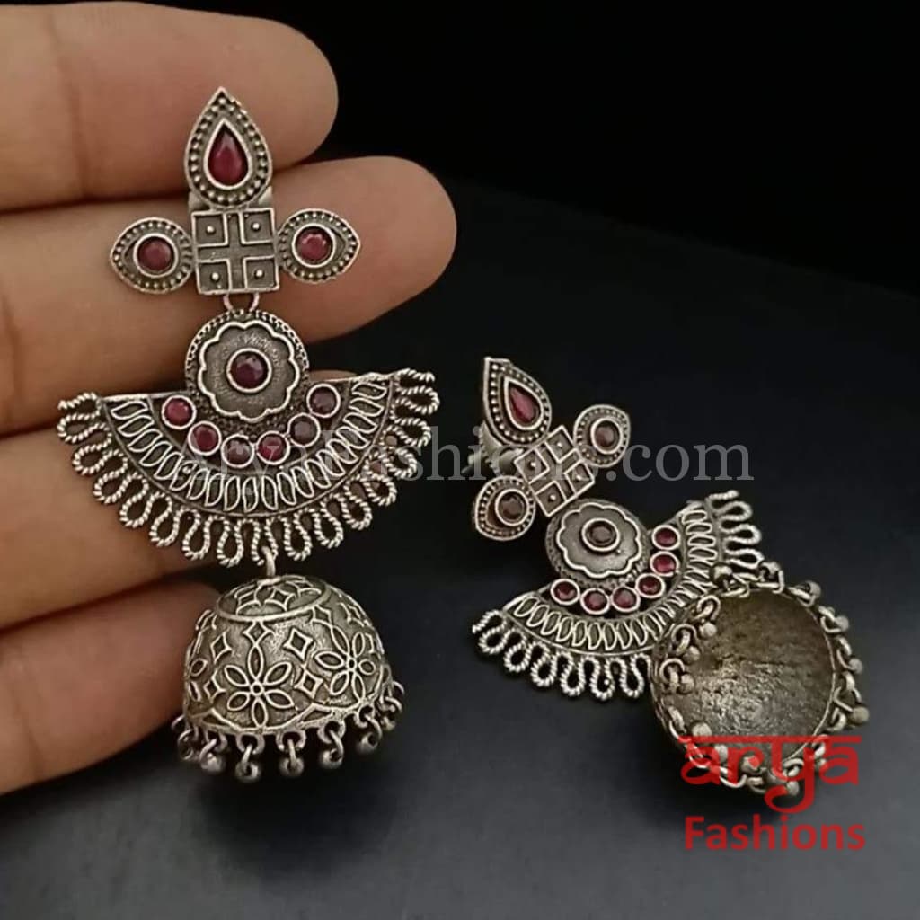 Ethnic Leaf theme Silver Oxidized Indian Trendy Jhumka Earrings
