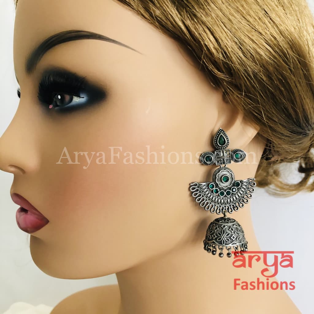 Ethnic Leaf theme Silver Oxidized Indian Trendy Jhumka Earrings