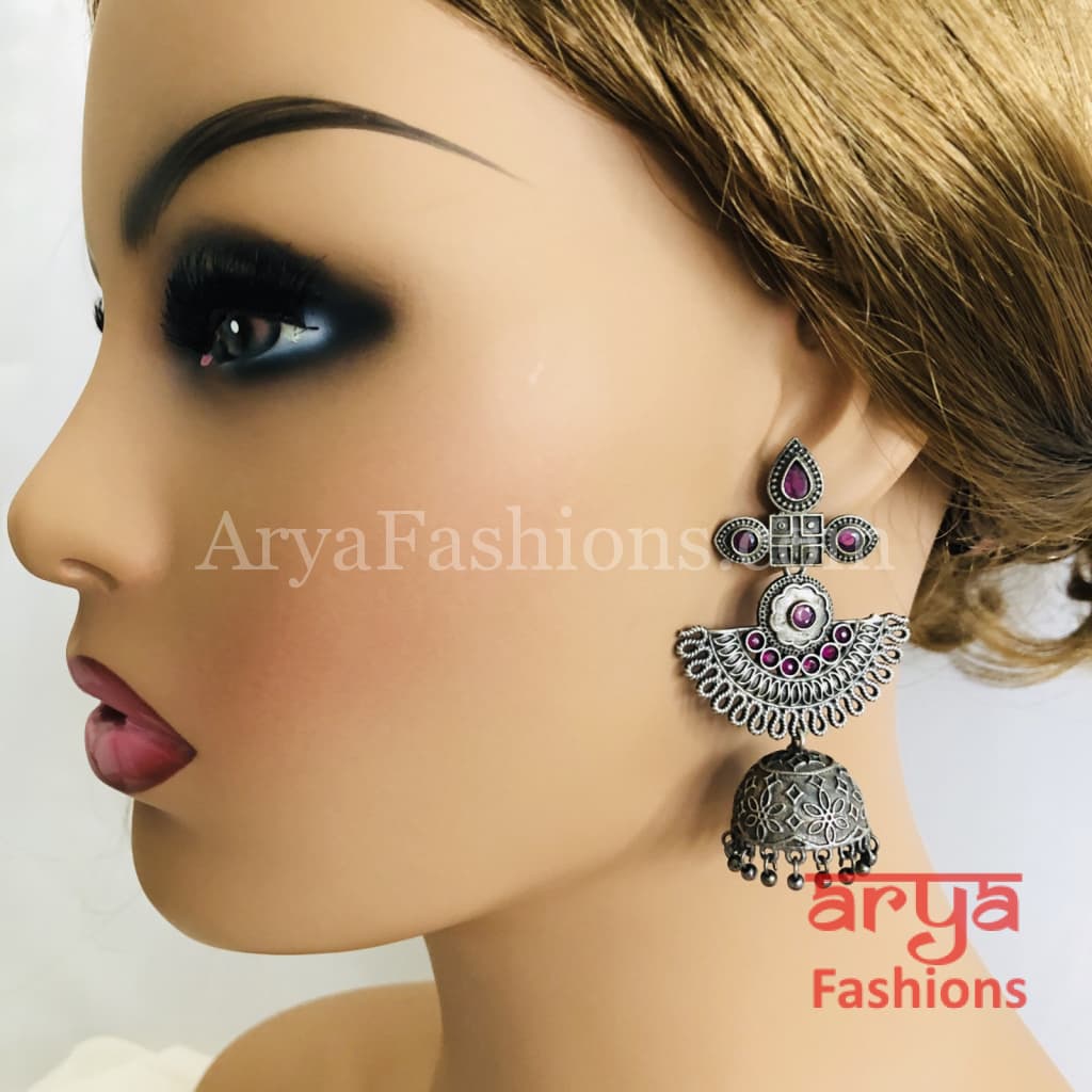 Ethnic Leaf theme Silver Oxidized Indian Trendy Jhumka Earrings