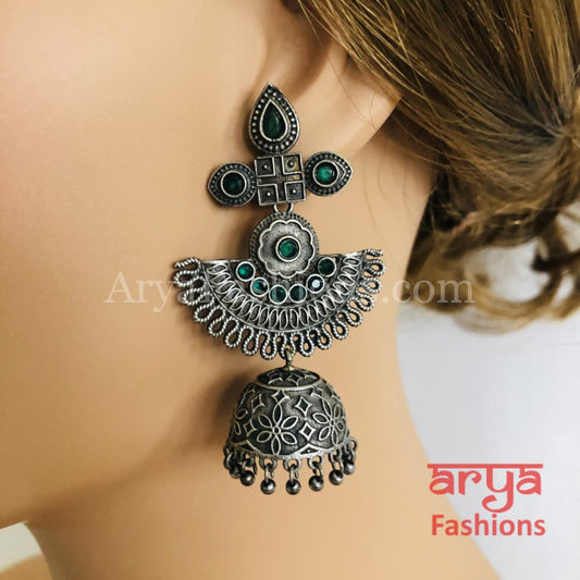 Ethnic Leaf theme Silver Oxidized Indian Trendy Jhumka Earrings