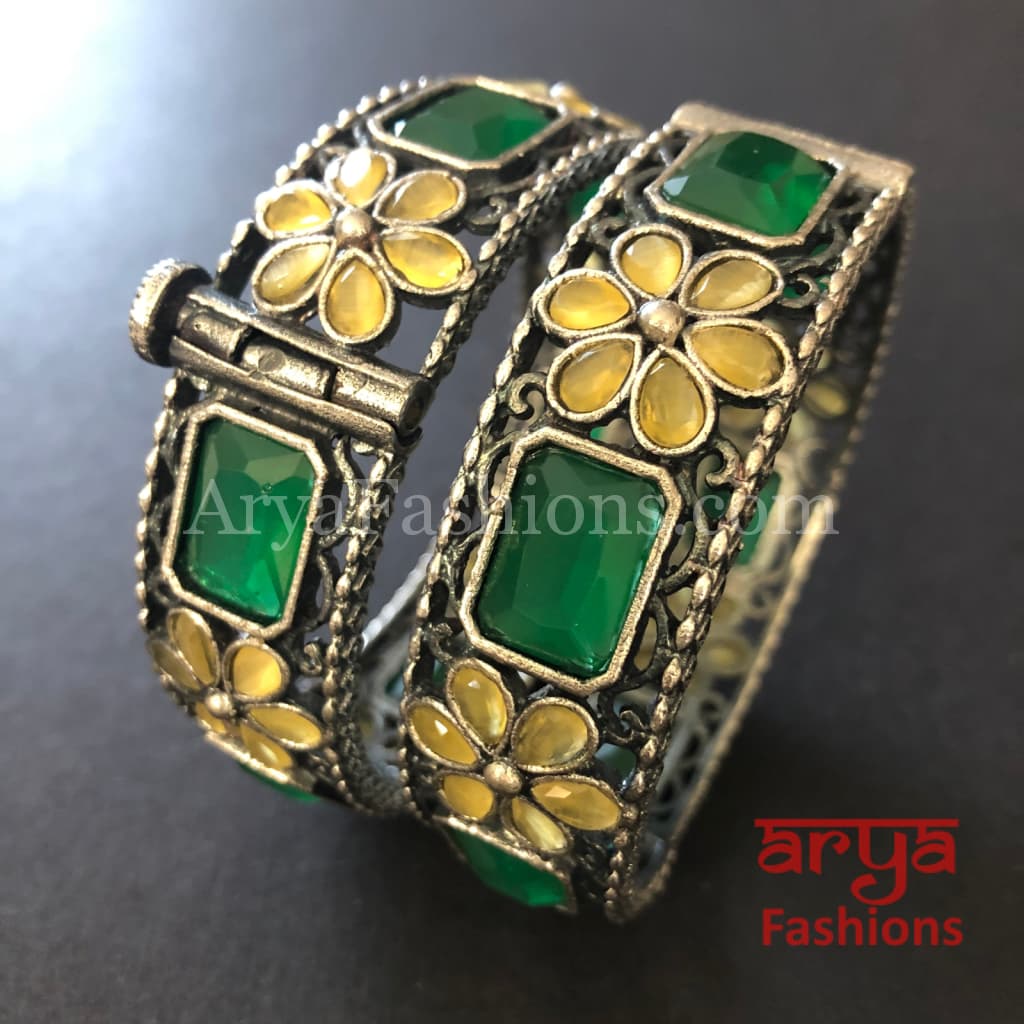 Ethnic Oxidized Silver Bracelet Kada with colored stones