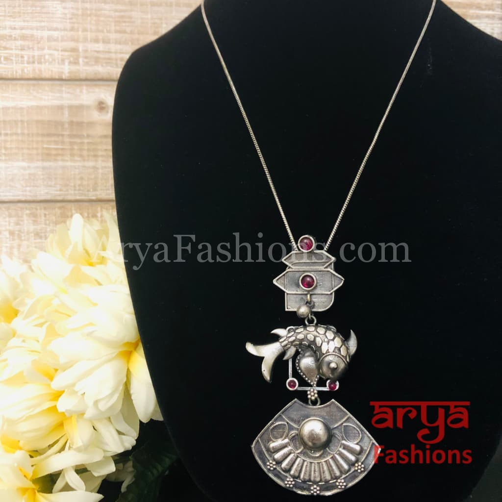 Fish Oxidized Silver Pendant with Chain
