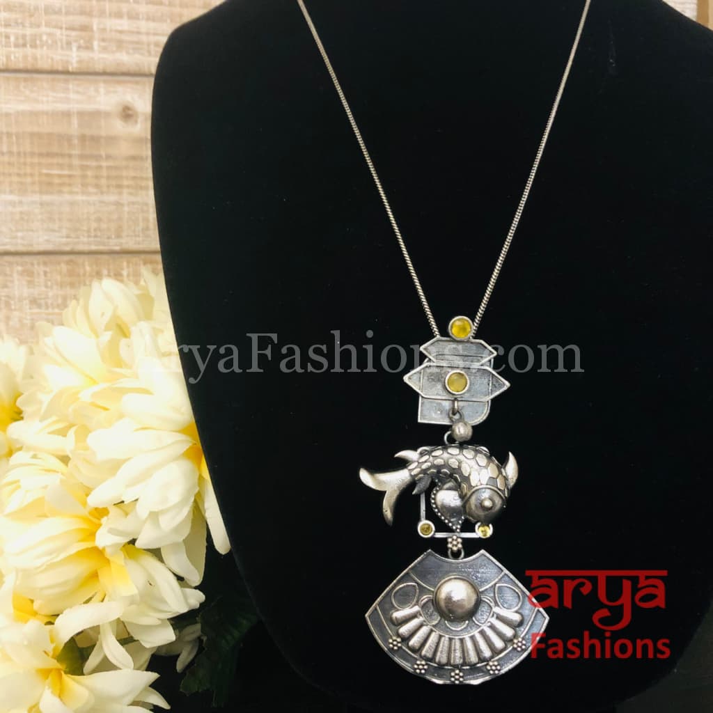 Fish Oxidized Silver Pendant with Chain
