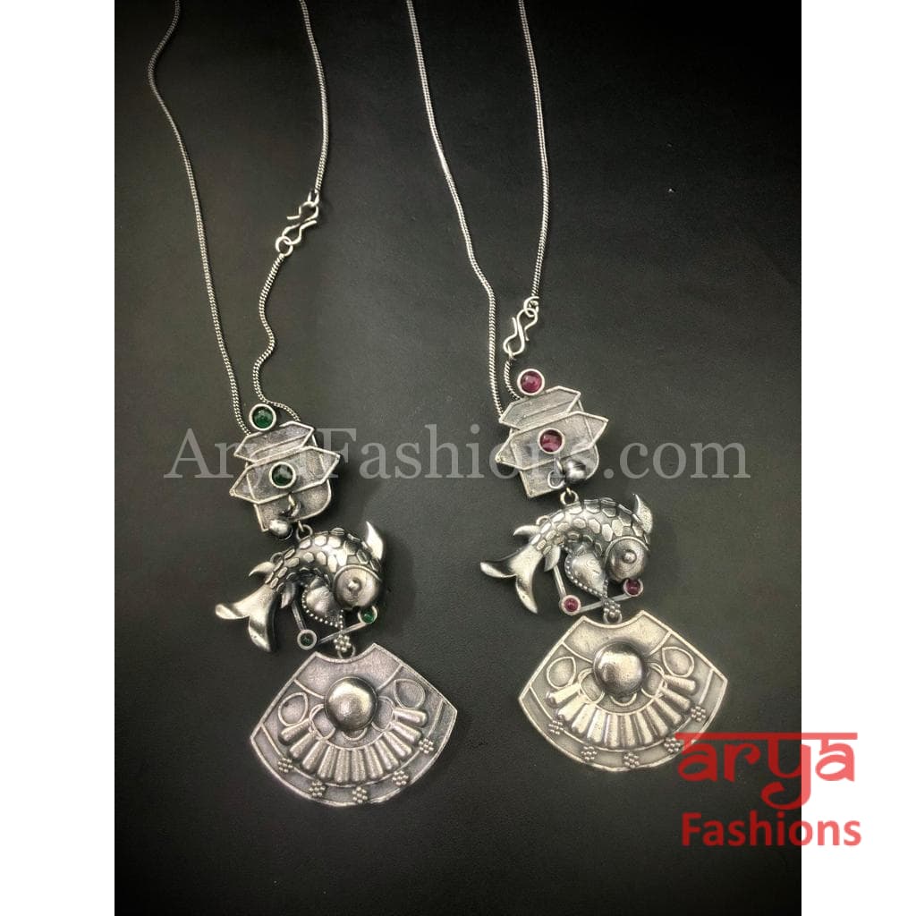 Fish Oxidized Silver Pendant with Chain