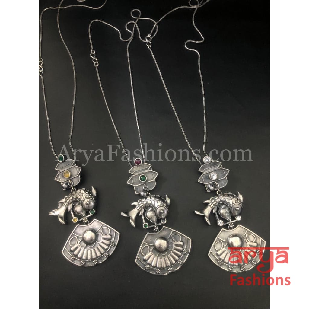 Fish Oxidized Silver Pendant with Chain