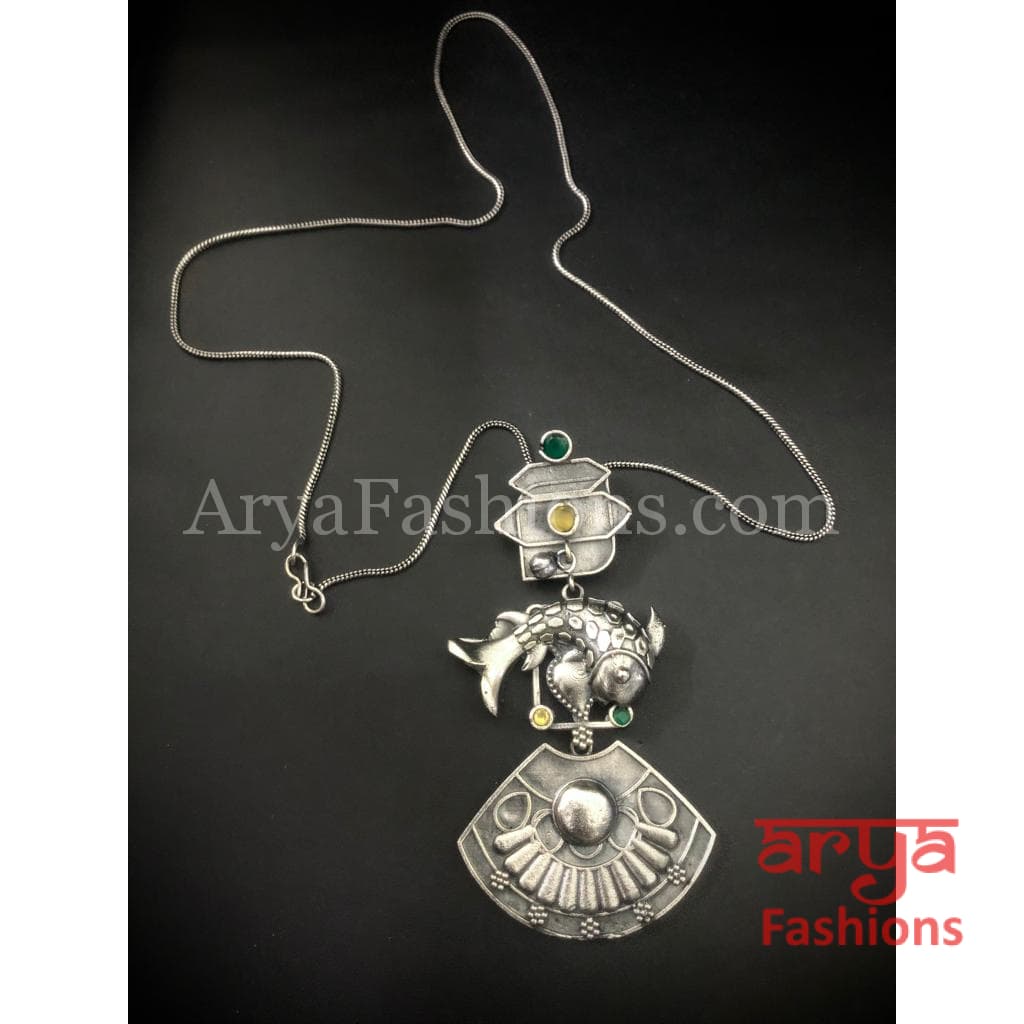 Fish Oxidized Silver Pendant with Chain