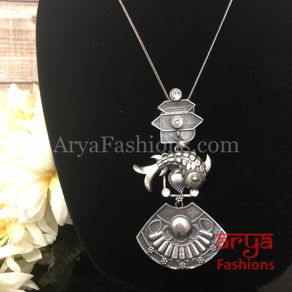 Fish Oxidized Silver Pendant with Chain