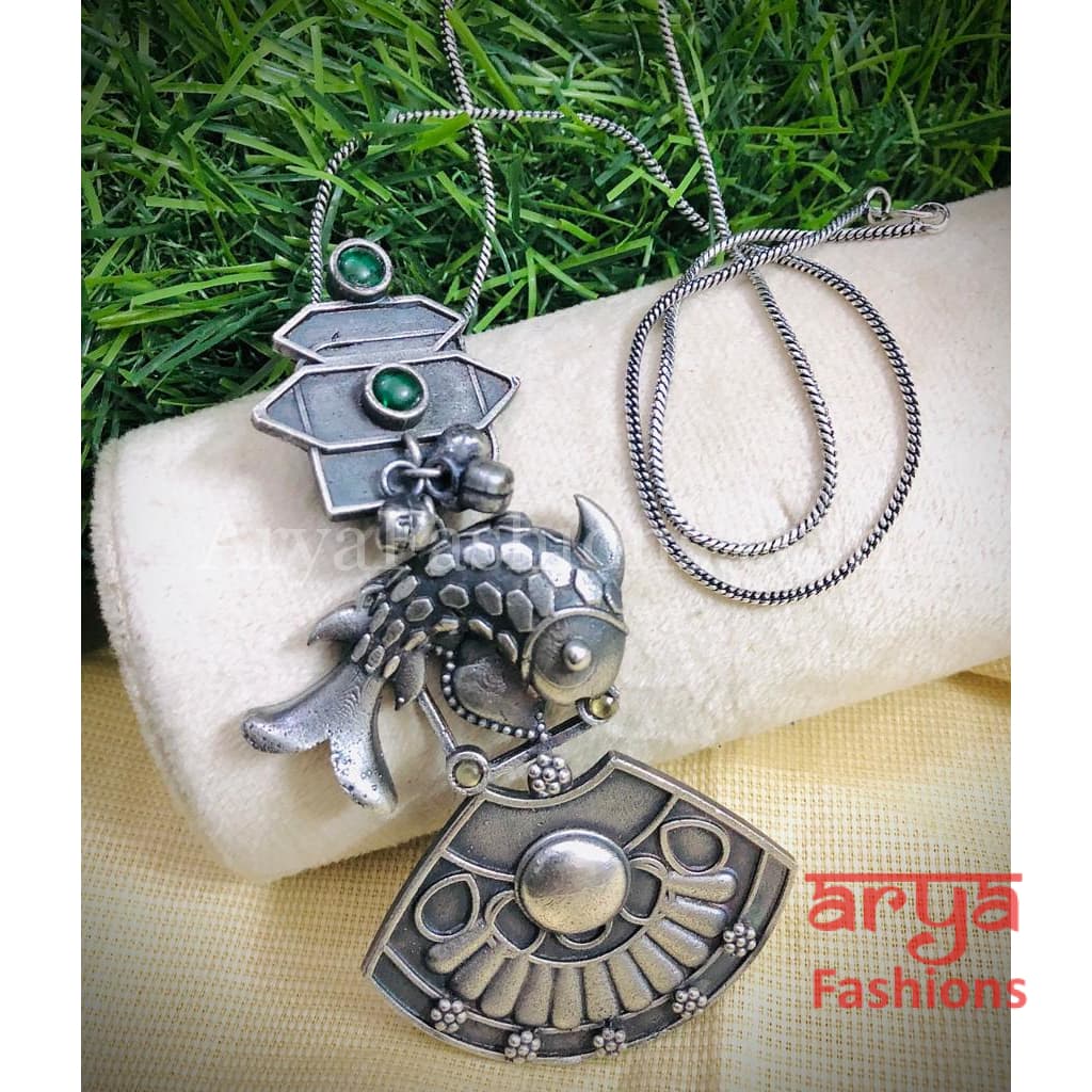 Fish Oxidized Silver Pendant with Chain