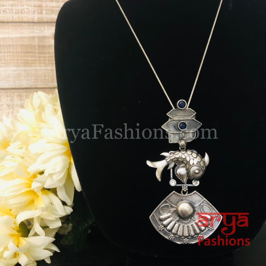 Fish Oxidized Silver Pendant with Chain