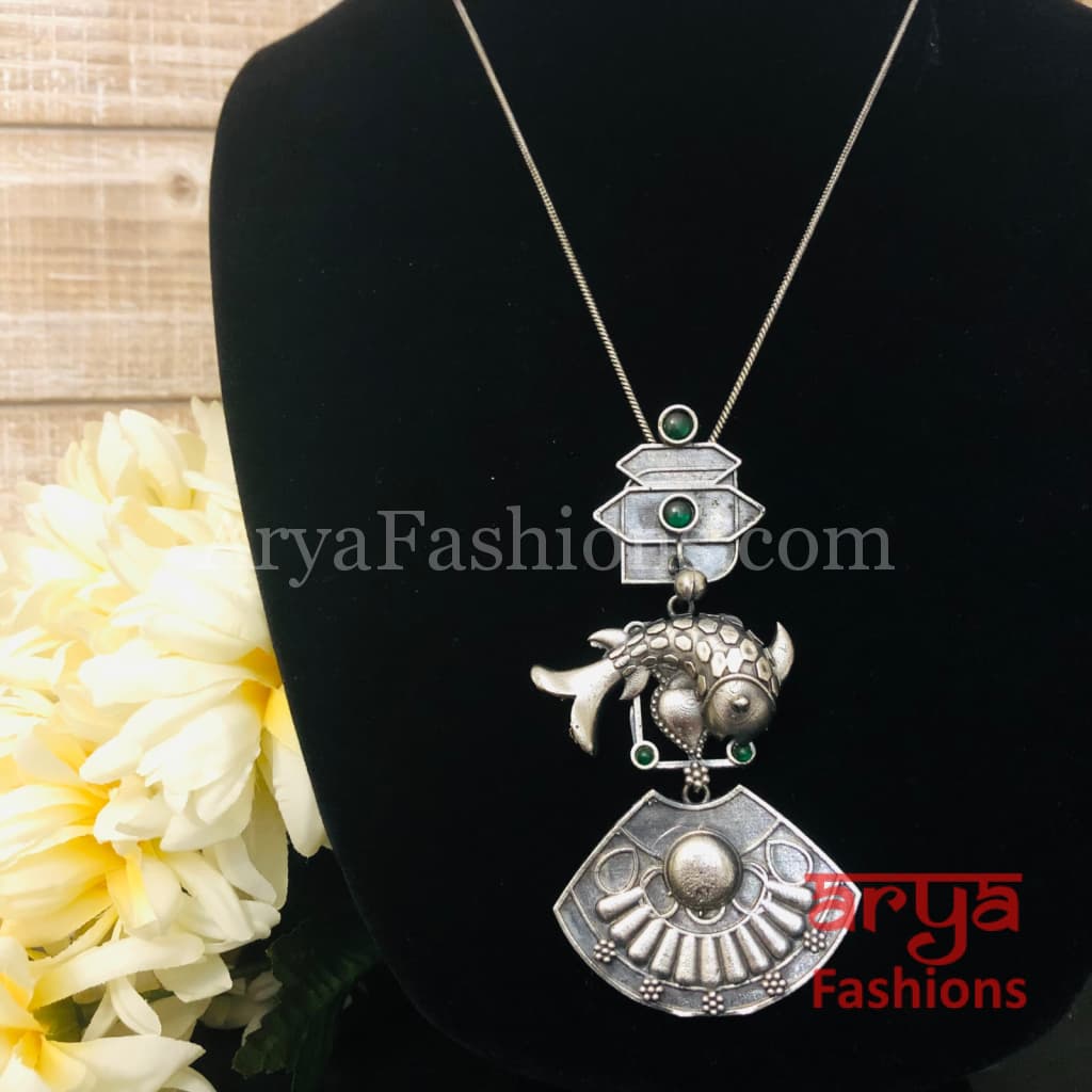 Fish Oxidized Silver Pendant with Chain
