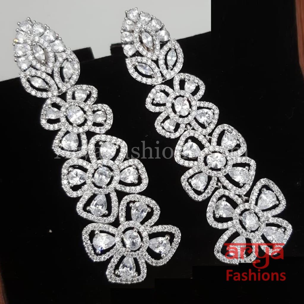 Flower Theme Silver Cubic Zirconia Party earrings