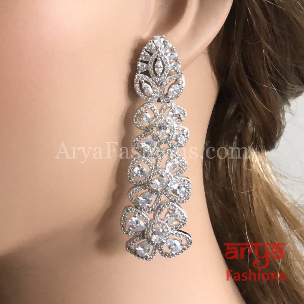 Flower Theme Silver Cubic Zirconia Party earrings