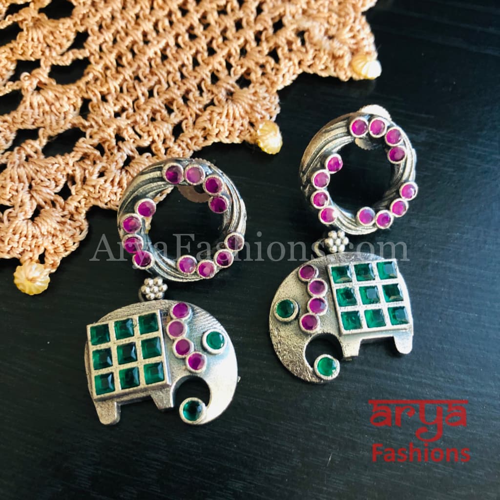 Gaja Elephant Theme Stone Studded Silver Oxidized Earrings