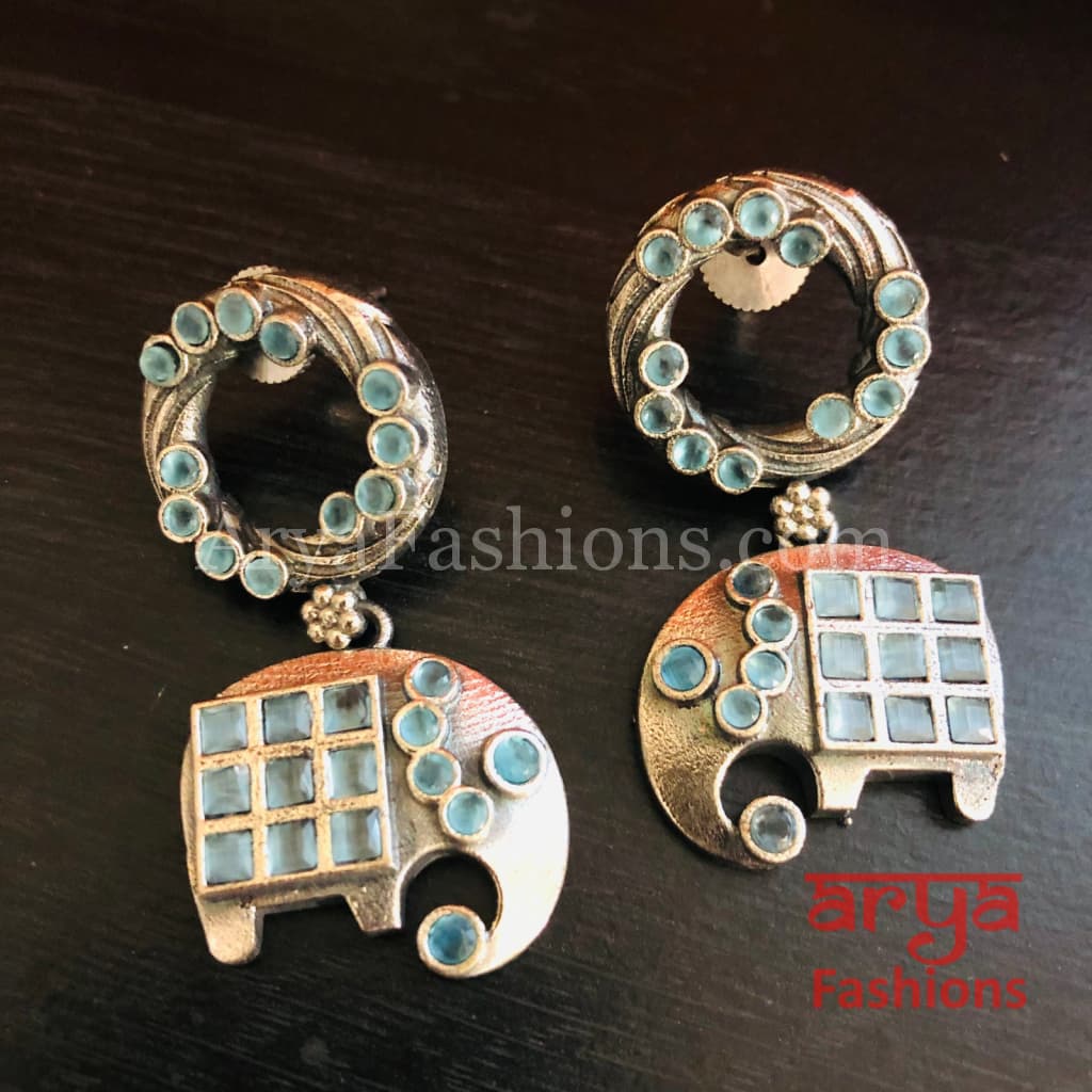 Gaja Elephant Theme Stone Studded Silver Oxidized Earrings