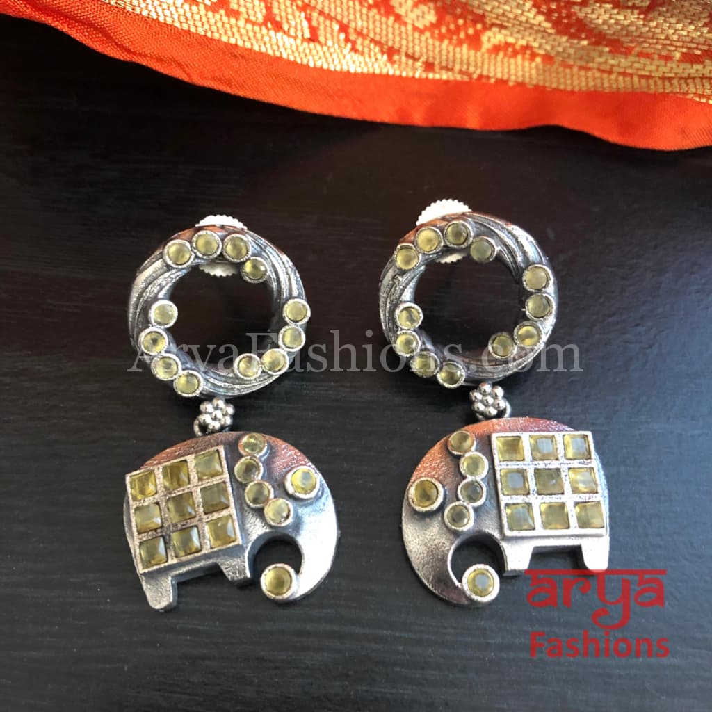 Gaja Elephant Theme Stone Studded Silver Oxidized Earrings