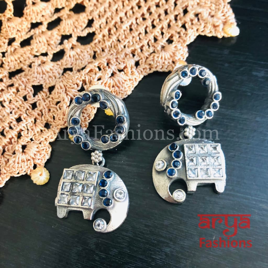 Gaja Elephant Theme Stone Studded Silver Oxidized Earrings