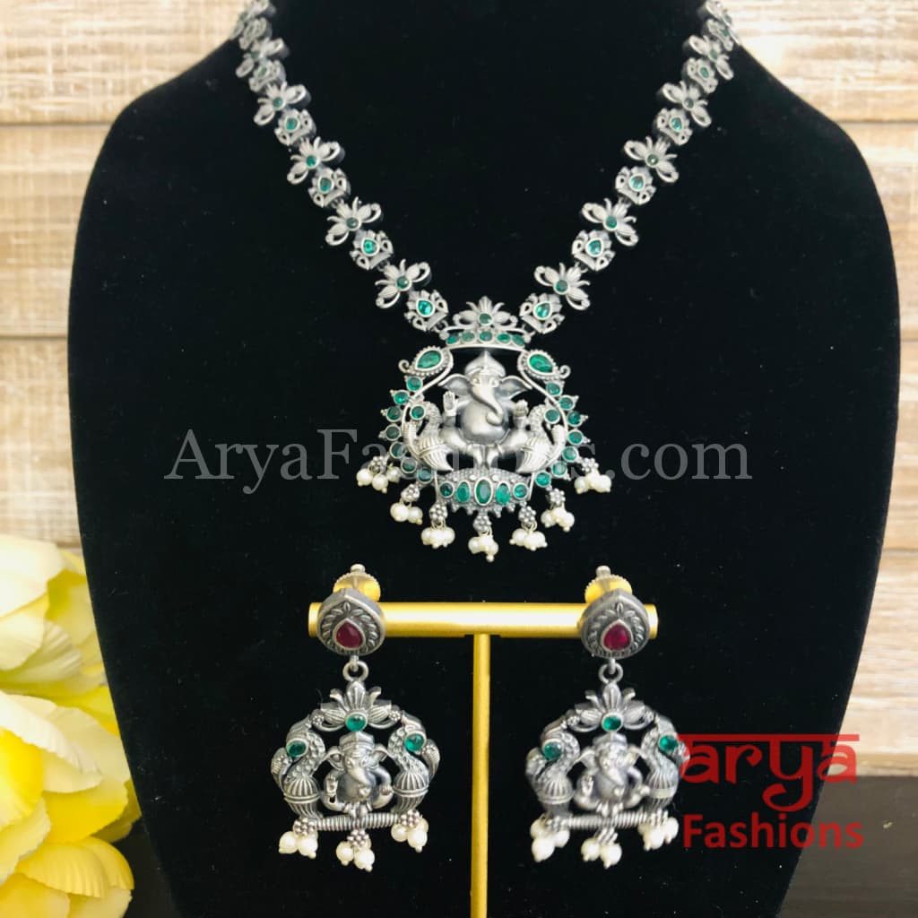 Ganesha Oxidized Silver Temple Jewelry with Multicolor Kemp Stones