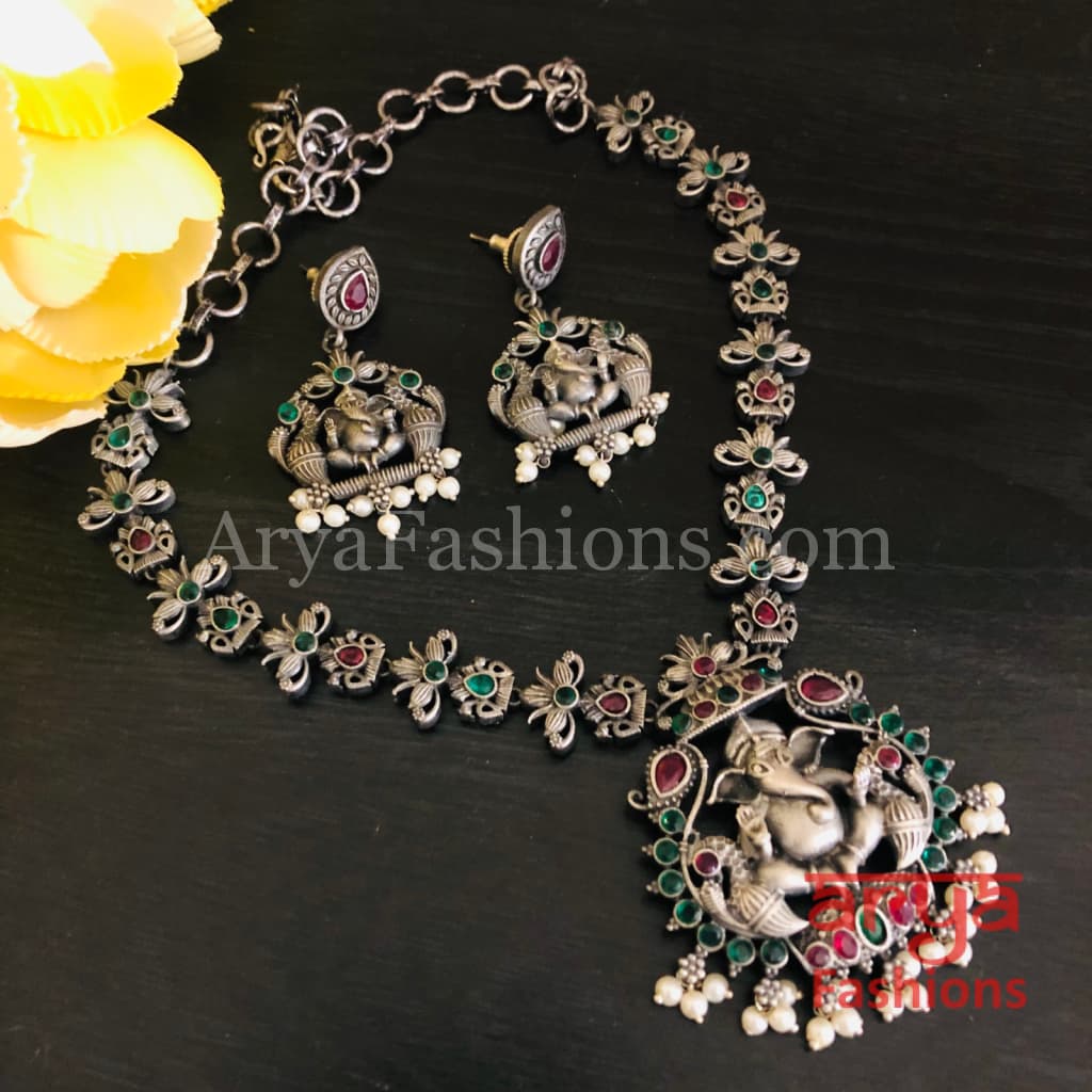 Ganesha Oxidized Silver Temple Jewelry with Multicolor Kemp Stones
