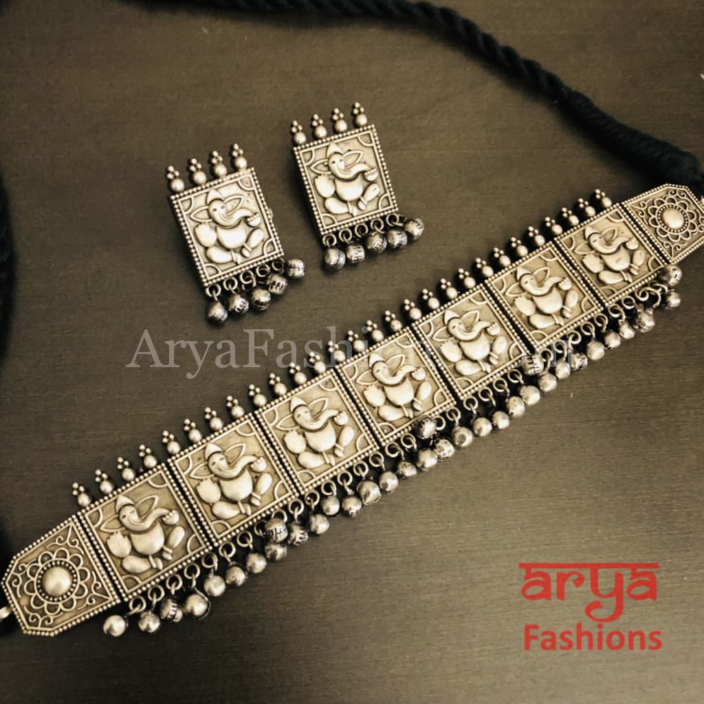Ganesha Silver Oxidized Tribal Choker Necklace with Stud earrings