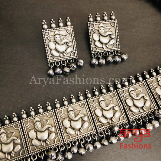 Ganesha Silver Oxidized Tribal Choker Necklace with Stud earrings