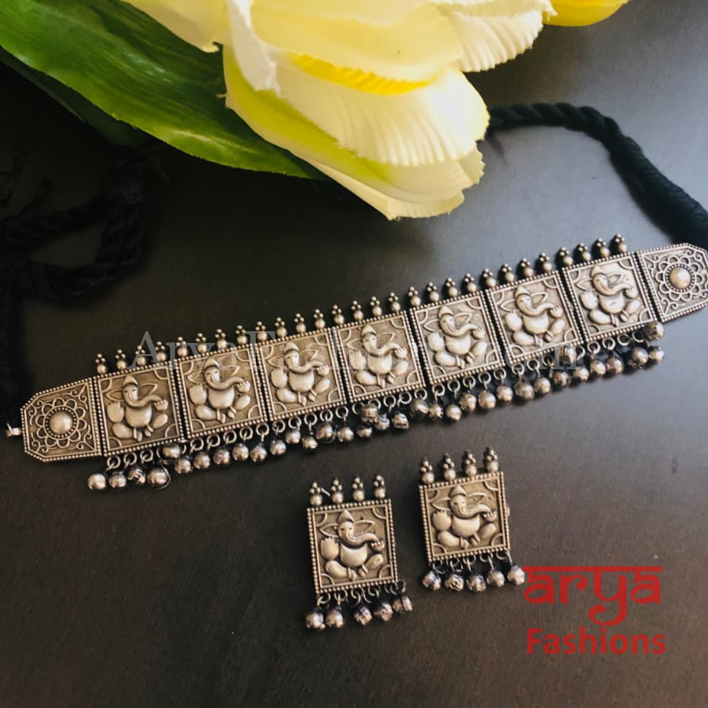 Ganesha Silver Oxidized Tribal Choker Necklace with Stud earrings
