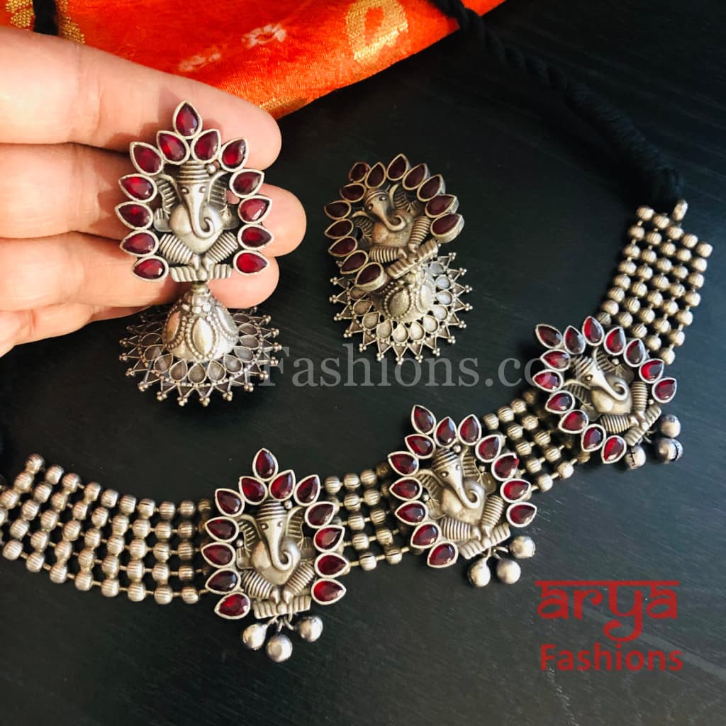 Ganpati Silver Oxidized Tribal Choker Necklace with Jhumka earrings