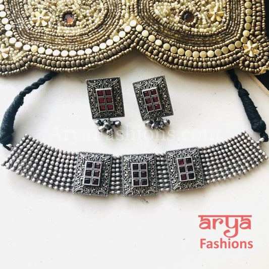 German Silver Tribal Choker with colored stones