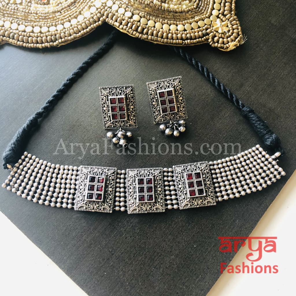 German Silver Tribal Choker with colored stones