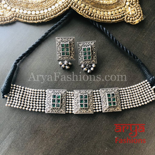 German Silver Tribal Choker with colored stones
