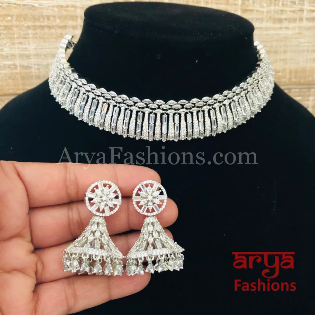 Gina Silver CZ Choker Necklace with Jhumka Earrings