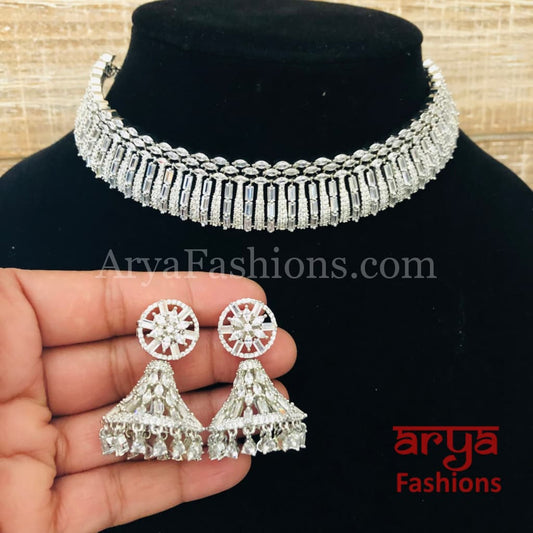 Gina Silver CZ Choker Necklace with Jhumka Earrings