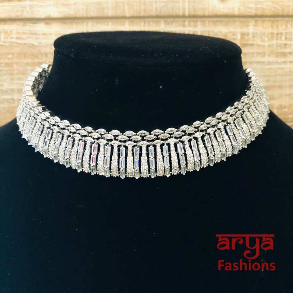 Gina Silver CZ Choker Necklace with Jhumka Earrings