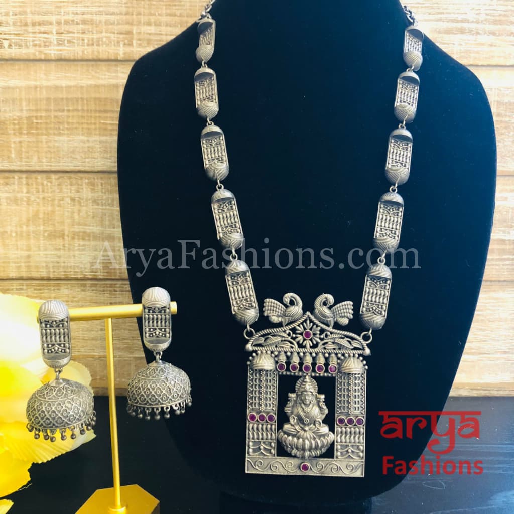 Goddess Laxmi Oxidized Silver Tribal Necklace with colored Stones