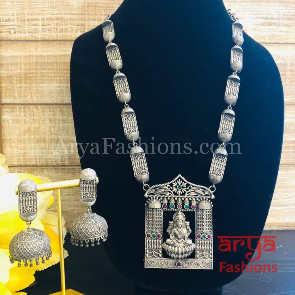 Goddess Laxmi Oxidized Silver Tribal Necklace with colored Stones